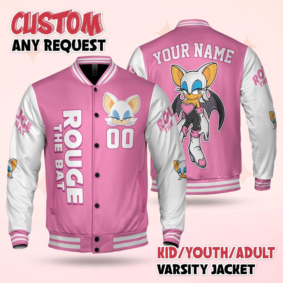 Custom Rouge the Bat Varsity Jacket, Personalized Sonic the Hedgehog Baseball Jacket