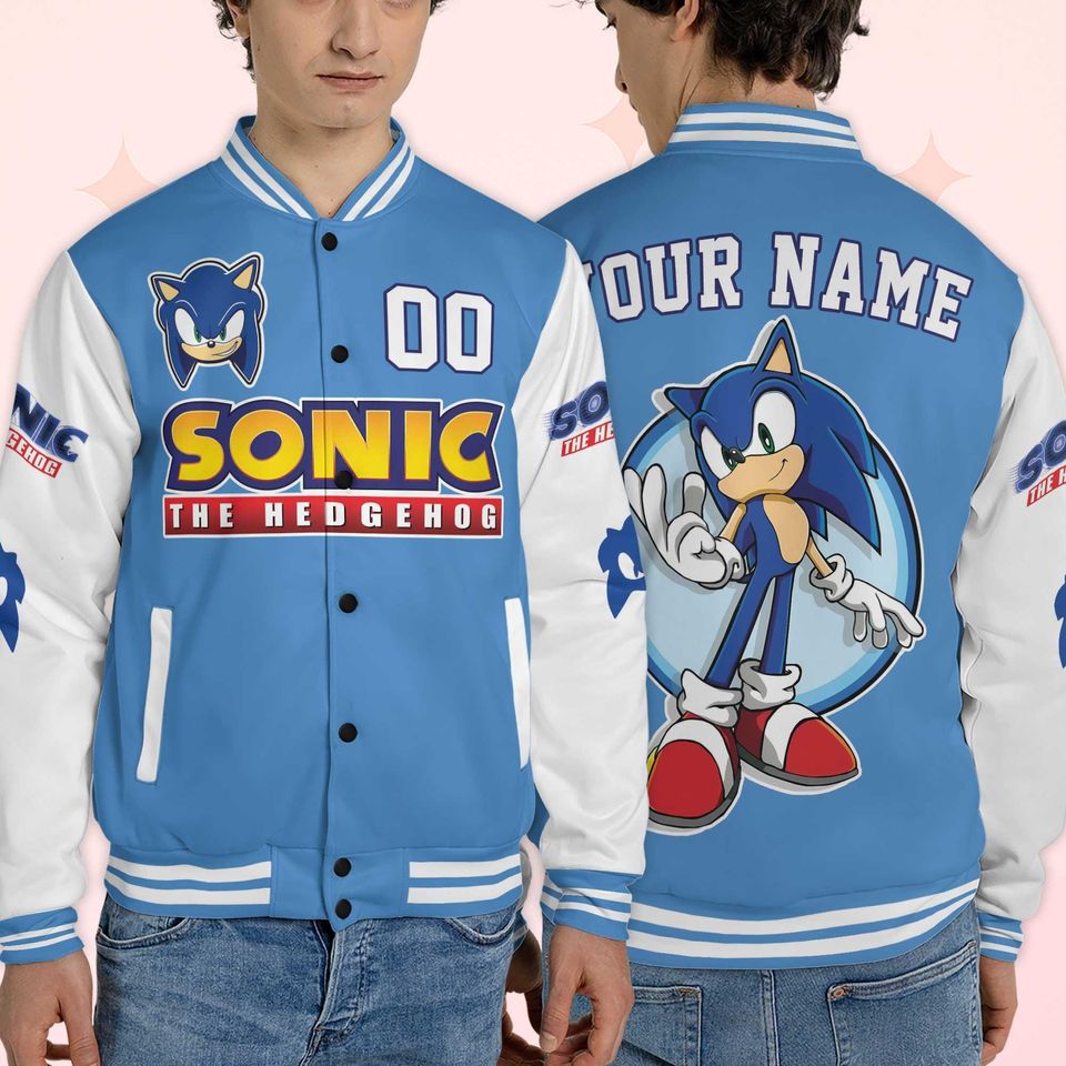 Custom Sonic Varsity Jacket, Personalized Sonic the Hedgehog Baseball Jacket