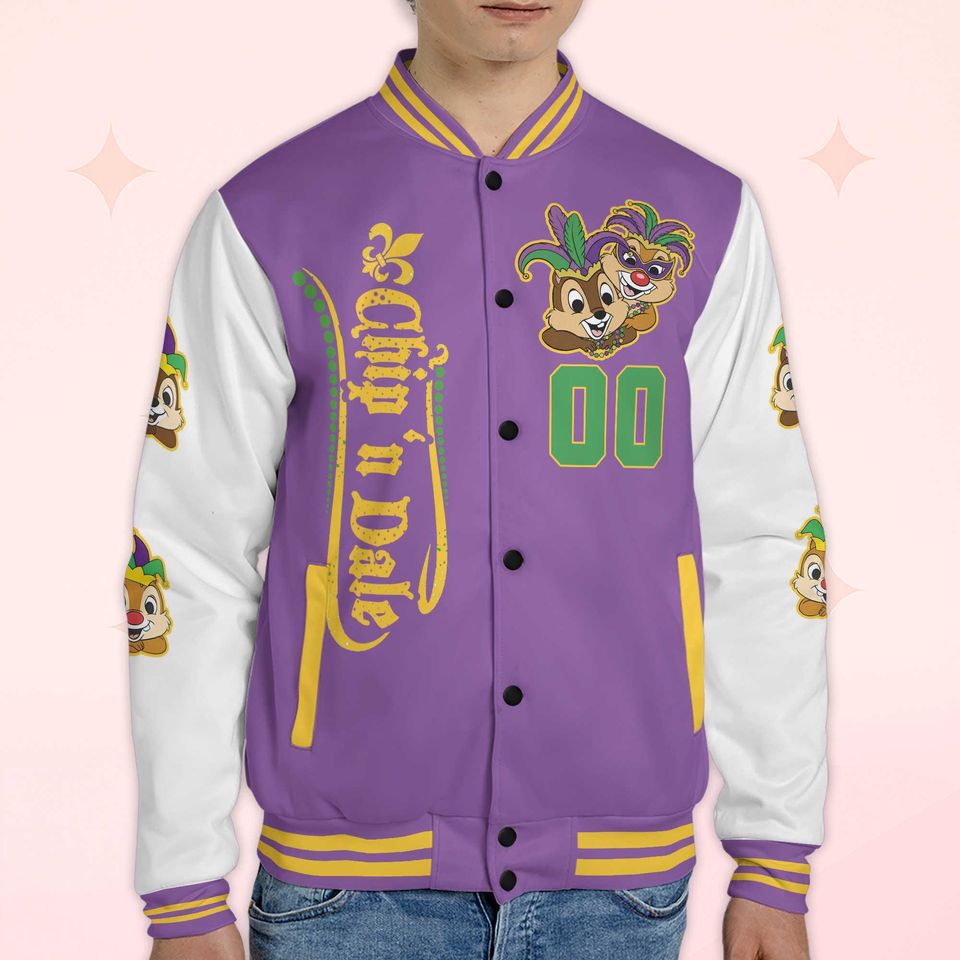 Custom Chip and Dale Mardi Gras Varsity Jacket, Personalized Disney Chip 'n' Dale Baseball Jacket, Birthday Gift
