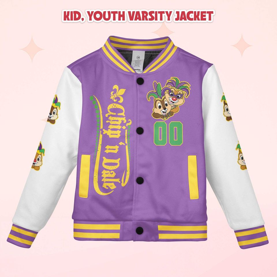 Custom Chip and Dale Mardi Gras Varsity Jacket, Personalized Disney Chip 'n' Dale Baseball Jacket, Birthday Gift