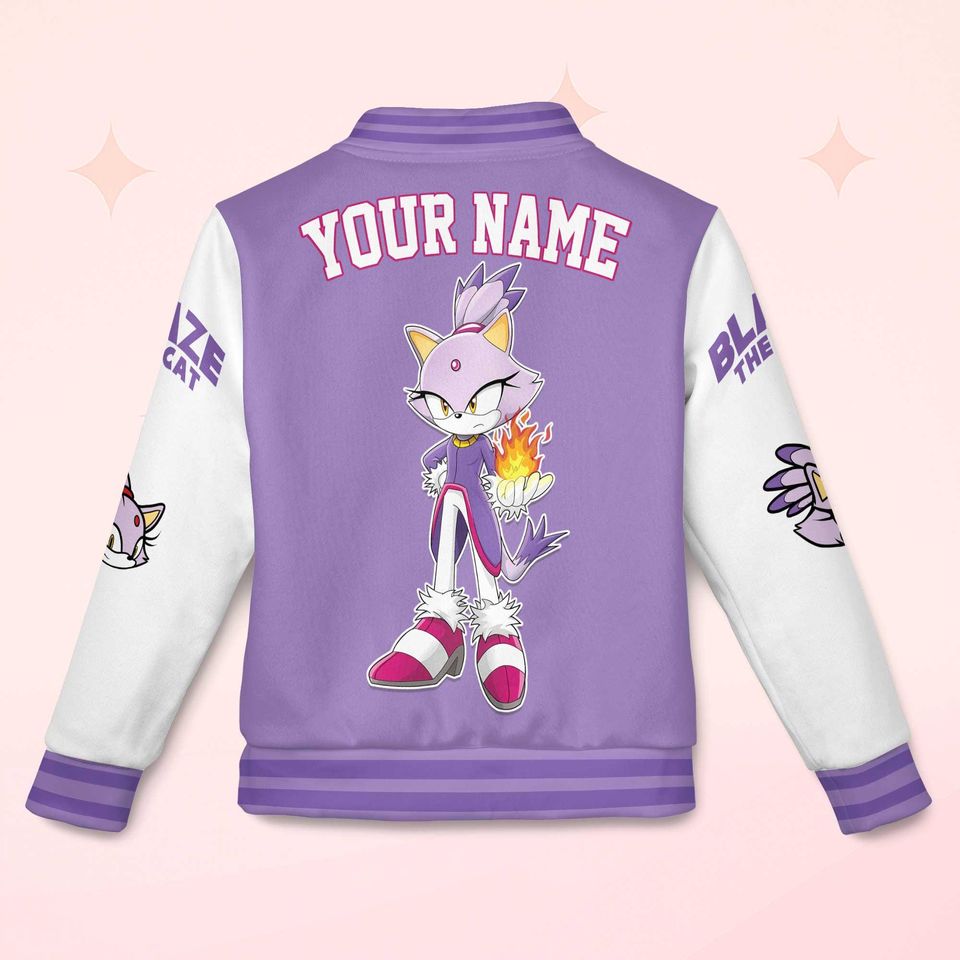 Custom Blaze the Cat Varsity Jacket, Personalized Sonic the Hedgehog Baseball Jacket