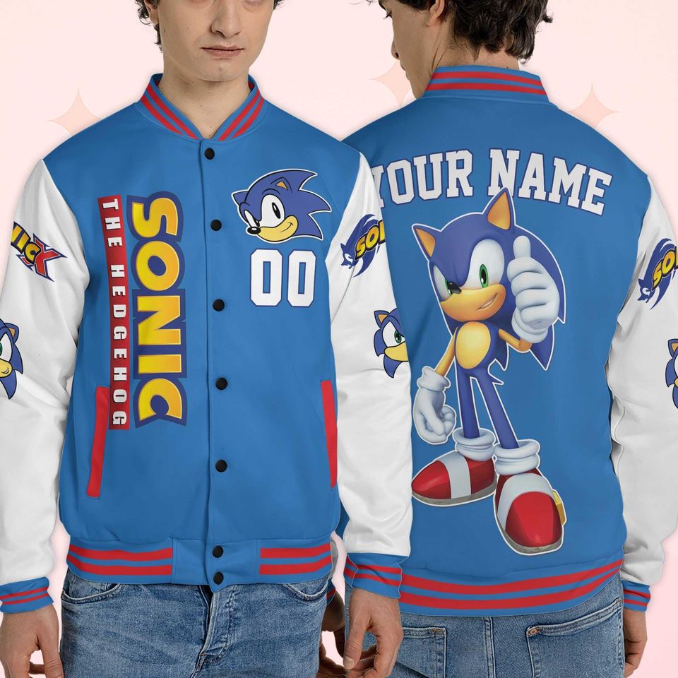 Custom Sonic Varsity Jacket, Personalized Sonic the Hedgehog Baseball Jacket