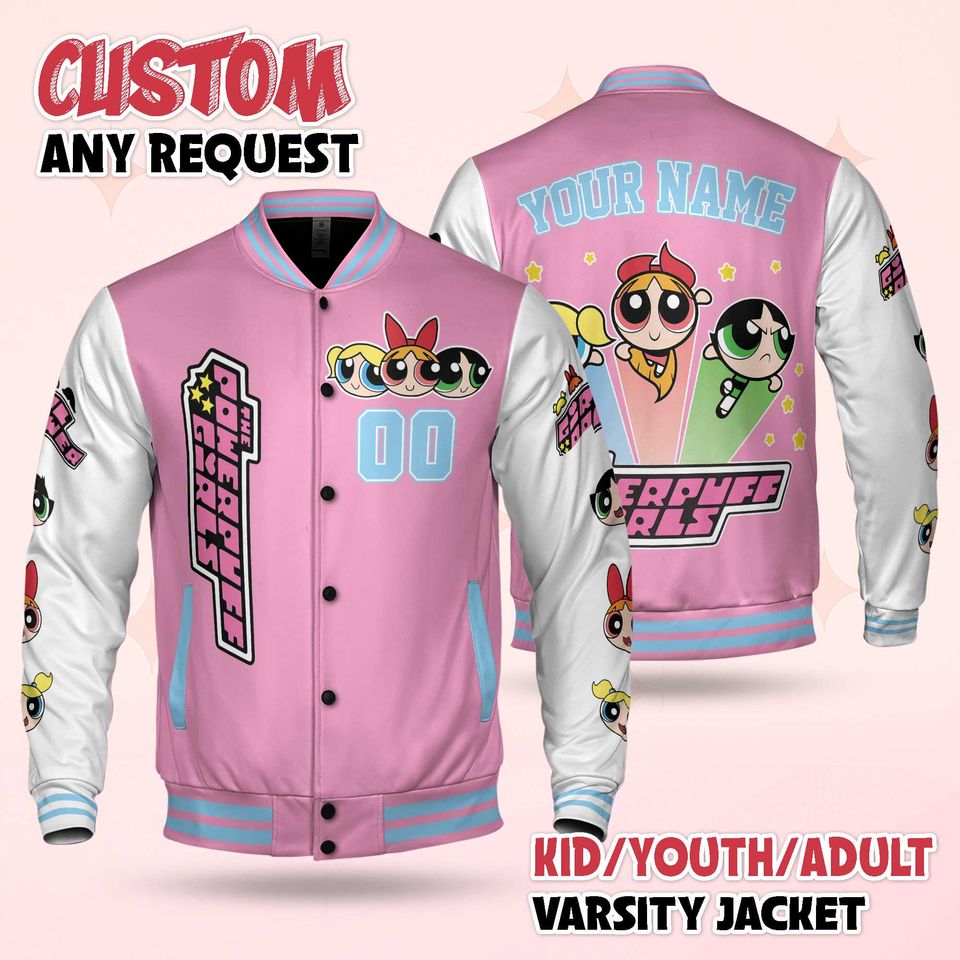Custom The Powerpuff Girls Varsity Jacket, Personalized Cartoon Baseball Jacket