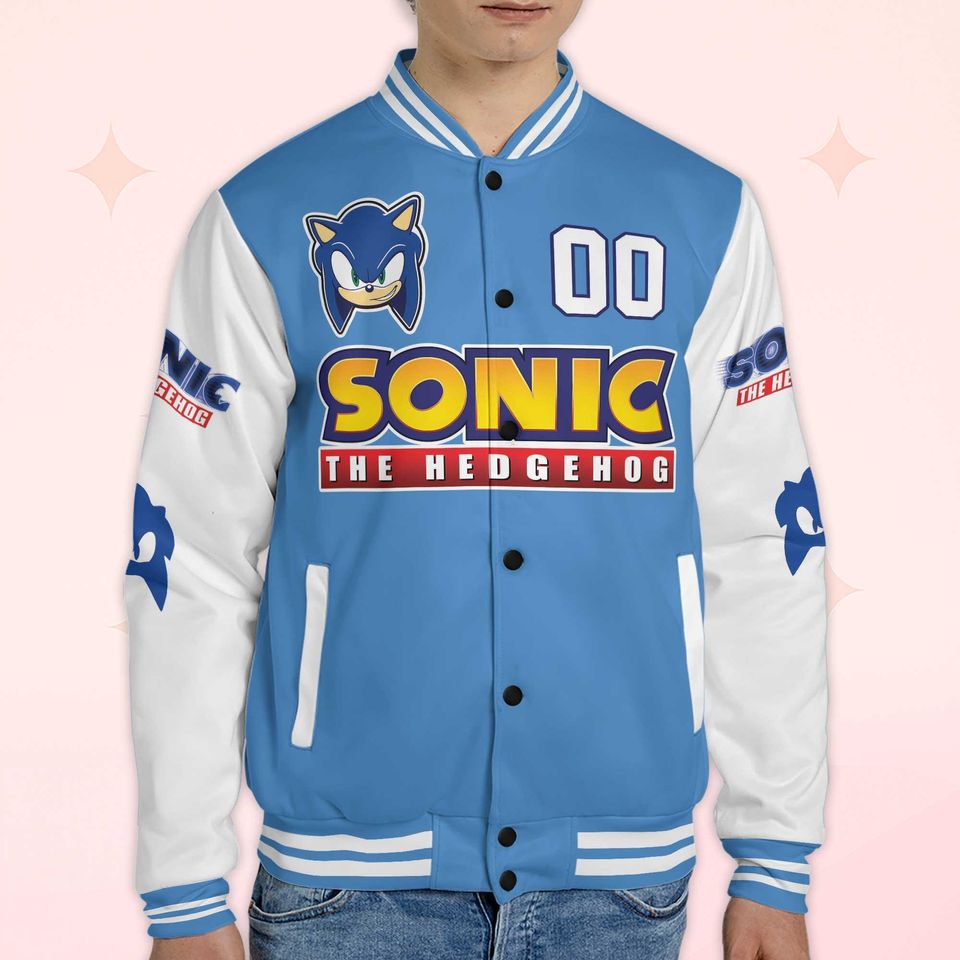 Custom Sonic Varsity Jacket, Personalized Sonic the Hedgehog Baseball Jacket