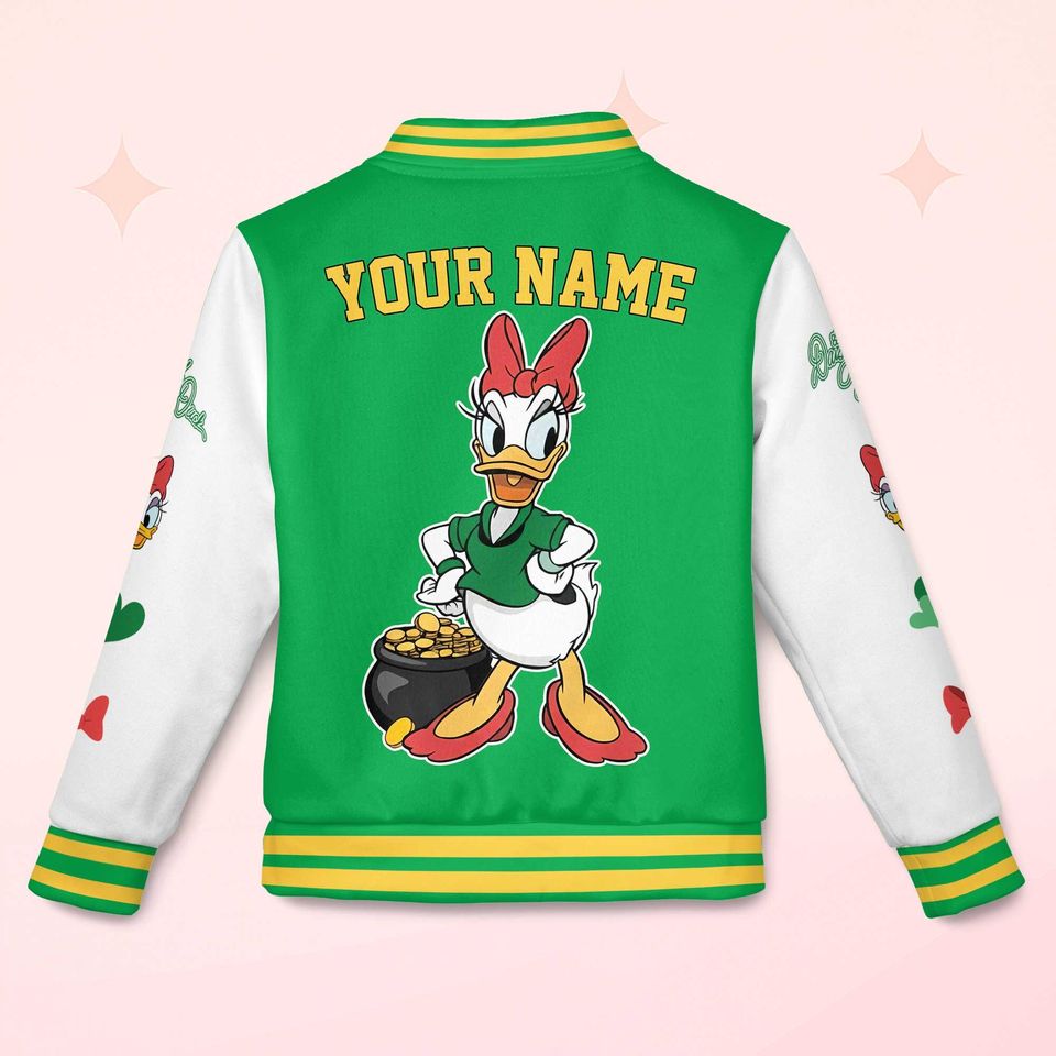 Personalize Daisy Duck St Patricks Day Varsity Jacket, Custom Mickey and Friends Baseball Jacket, Lucky Gift