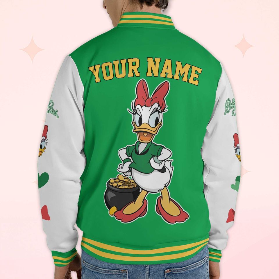 Personalize Daisy Duck St Patricks Day Varsity Jacket, Custom Mickey and Friends Baseball Jacket, Lucky Gift