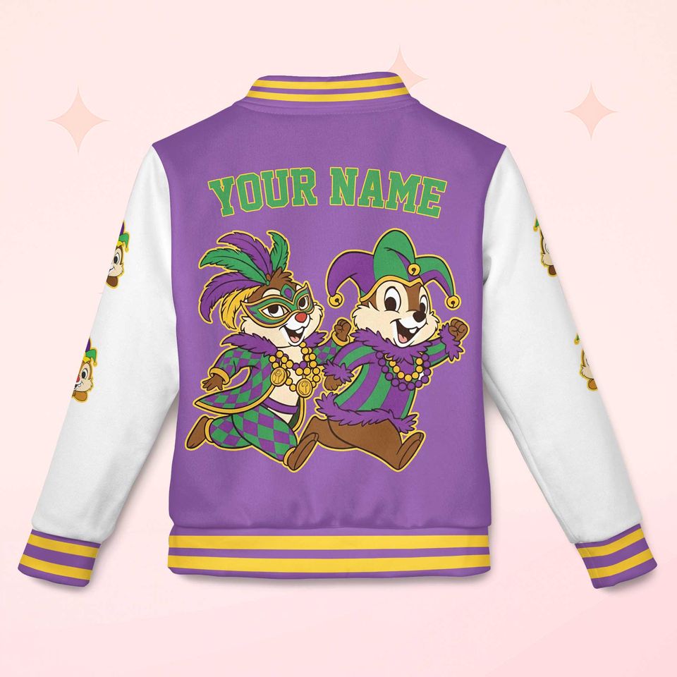 Custom Chip and Dale Mardi Gras Varsity Jacket, Personalized Disney Chip 'n' Dale Baseball Jacket, Birthday Gift