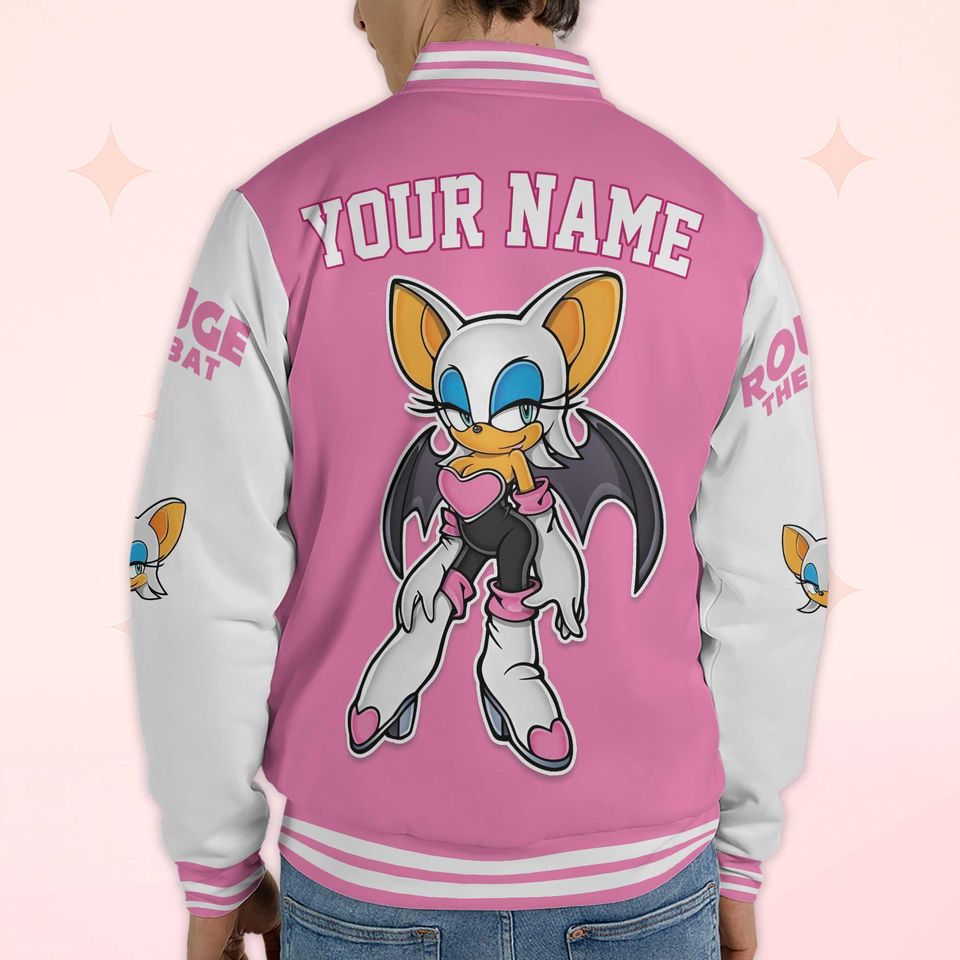 Custom Rouge the Bat Varsity Jacket, Personalized Sonic the Hedgehog Baseball Jacket