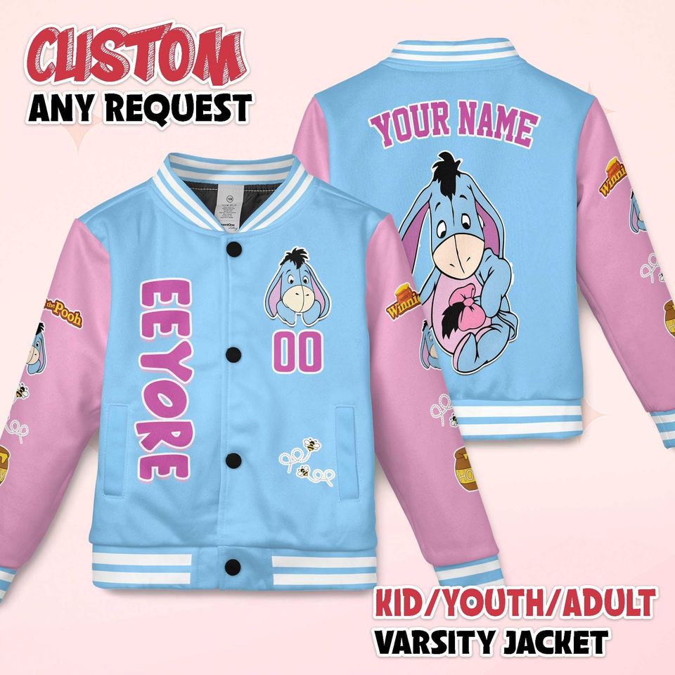 Personalized Eeyore Varsity Jacket, Custom Winnie the Pooh Baseball Jacket
