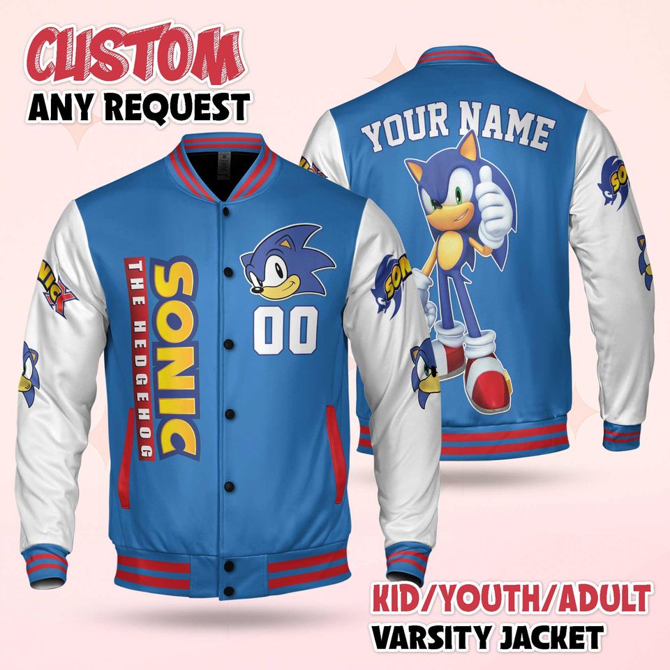 Custom Sonic Varsity Jacket, Personalized Sonic the Hedgehog Baseball Jacket