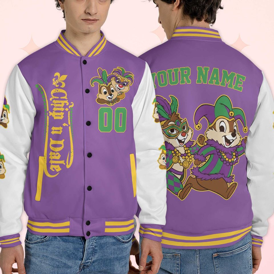 Custom Chip and Dale Mardi Gras Varsity Jacket, Personalized Disney Chip 'n' Dale Baseball Jacket, Birthday Gift