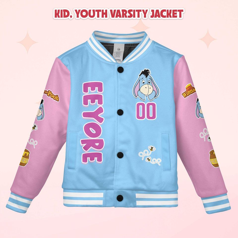 Personalized Eeyore Varsity Jacket, Custom Winnie the Pooh Baseball Jacket