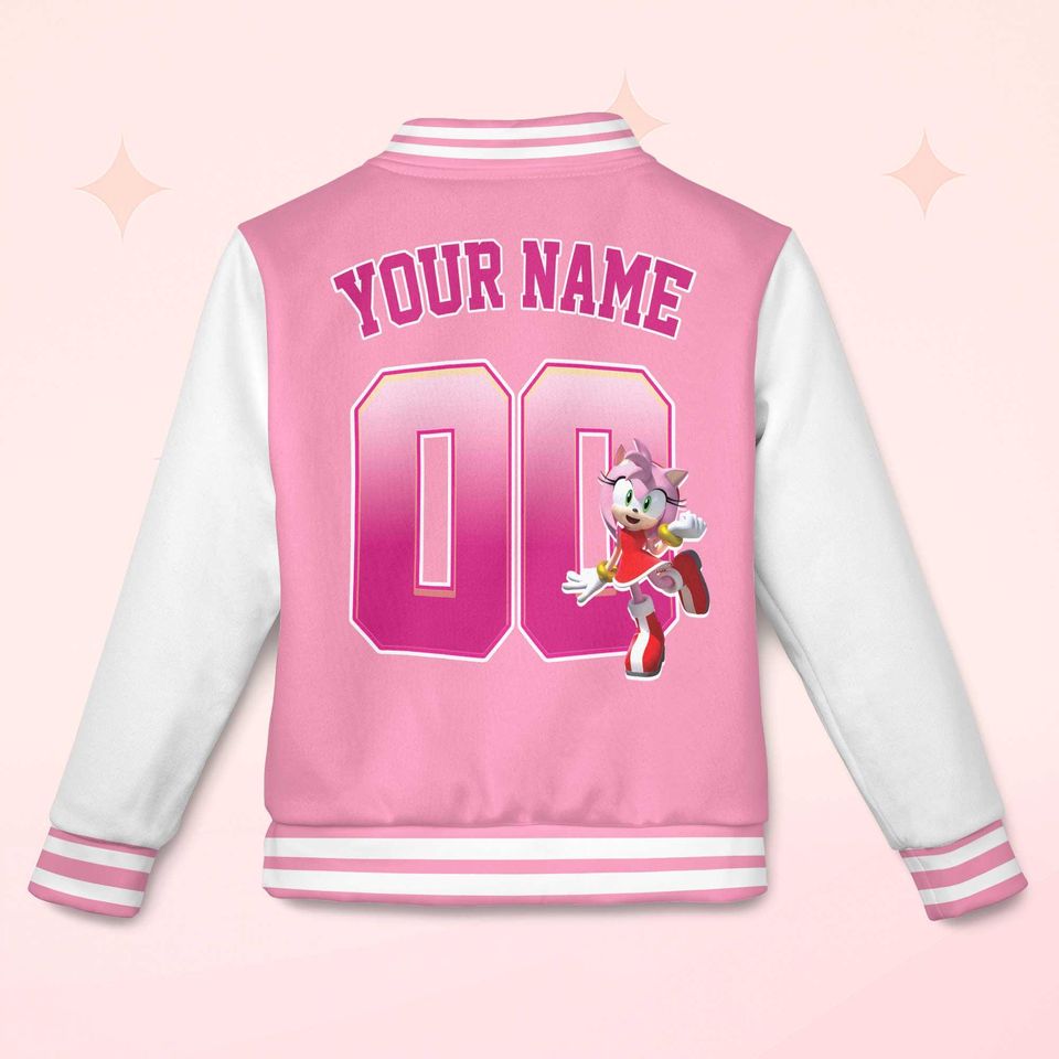 Custom Amy Rose Varsity Jacket, Personalized Sonic the Hedgehog Baseball Jacket