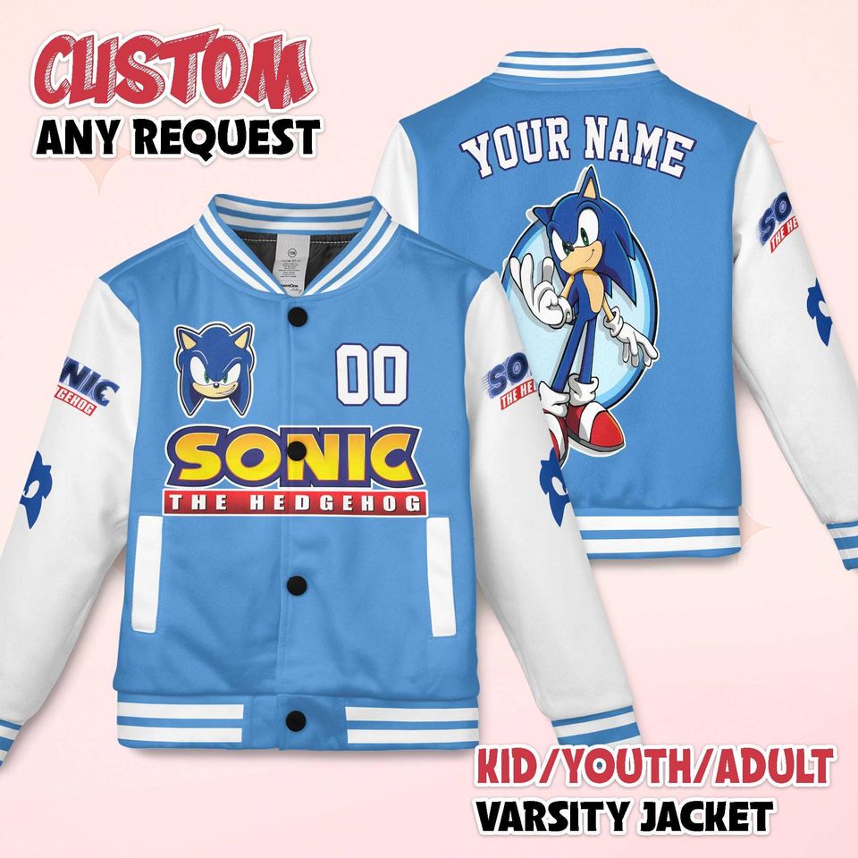 Custom Sonic Varsity Jacket, Personalized Sonic the Hedgehog Baseball Jacket