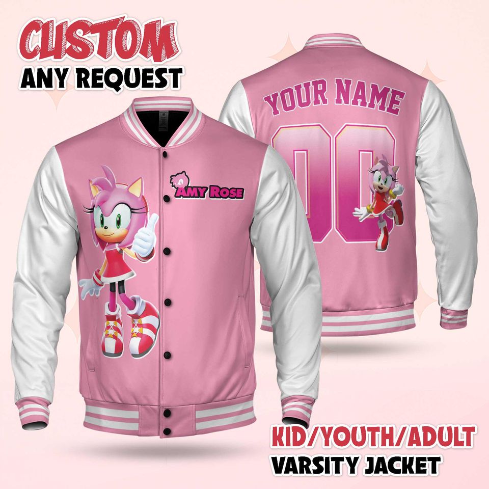 Custom Amy Rose Varsity Jacket, Personalized Sonic the Hedgehog Baseball Jacket