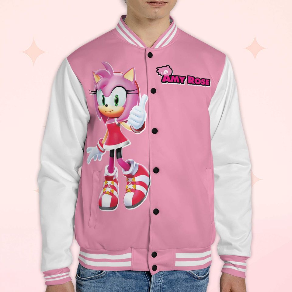 Custom Amy Rose Varsity Jacket, Personalized Sonic the Hedgehog Baseball Jacket