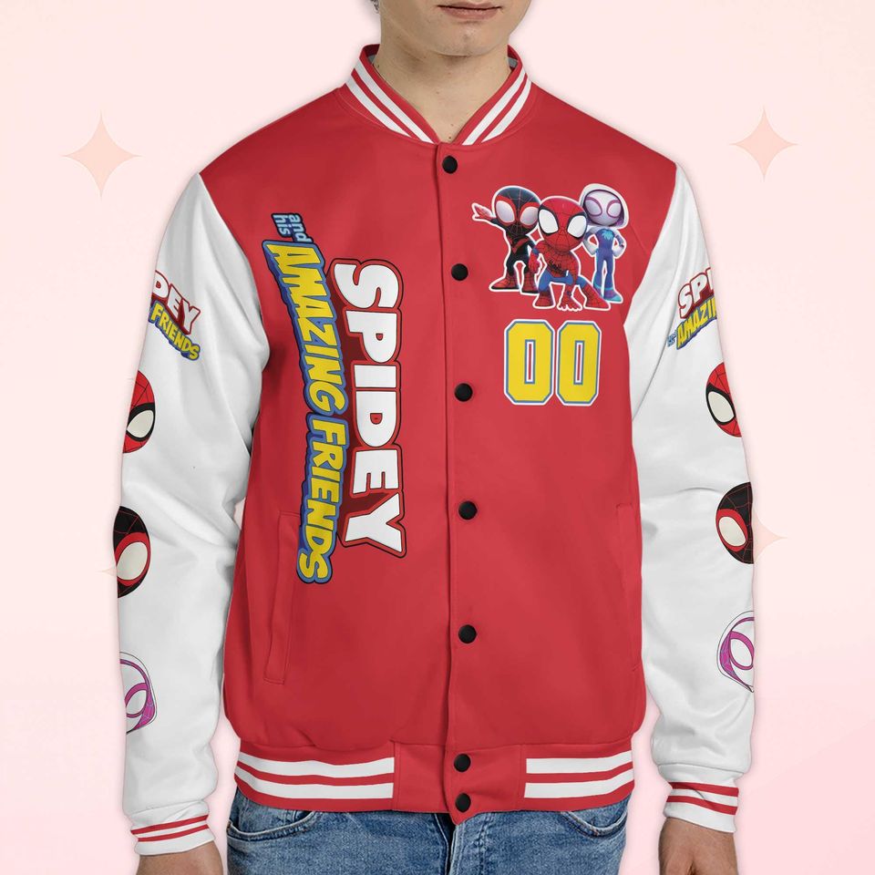 Custom Spidey And His Amazing Friends Varsity Jacket, Personalized Spidey Baseball Jacket