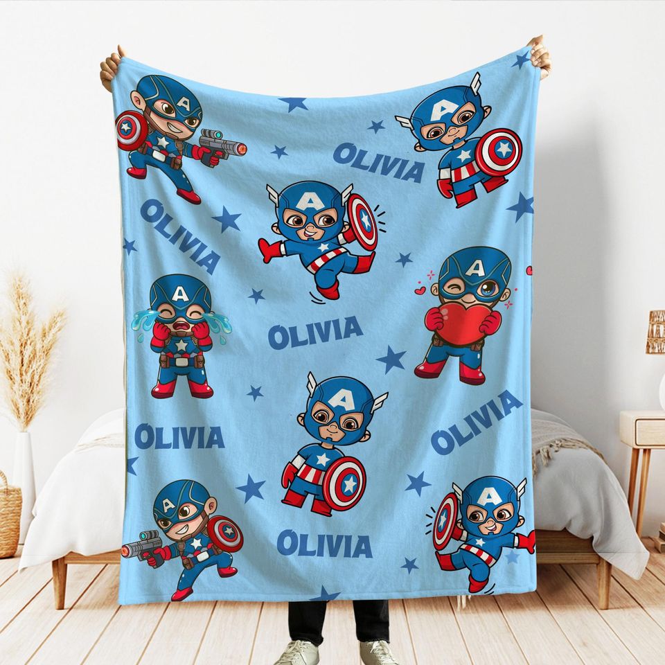 Captain America Personalized Fleece Blanket, Marvel Avengers Custom Name Throw