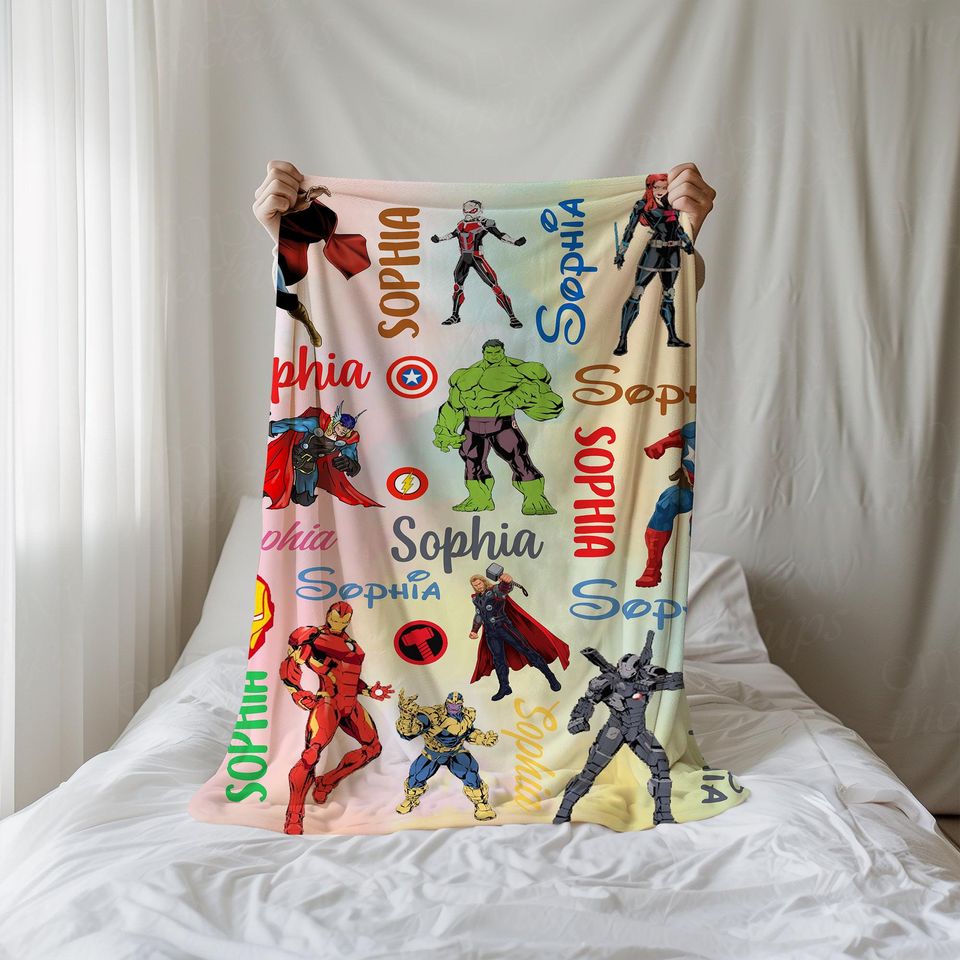 Personalized Marvel Avengers Fleece Blanket with Custom Name, Superhero Birthday Gift, Marvel Comic Throws