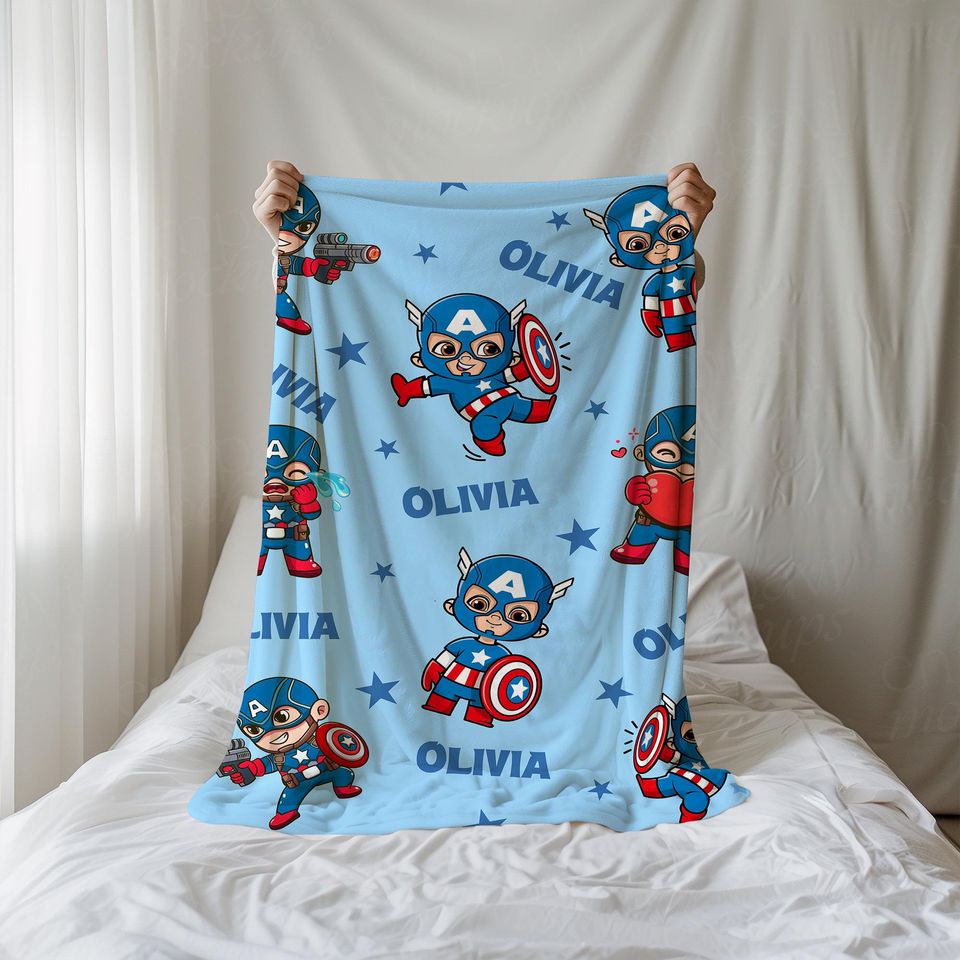 Captain America Personalized Fleece Blanket, Marvel Avengers Custom Name Throw