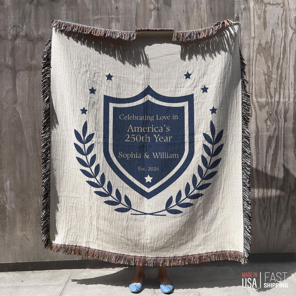 Personalized America 250 Woven Blanket, Custom Couple Anniversary Gift, Crest Style Design, Together Since Year Tapestry