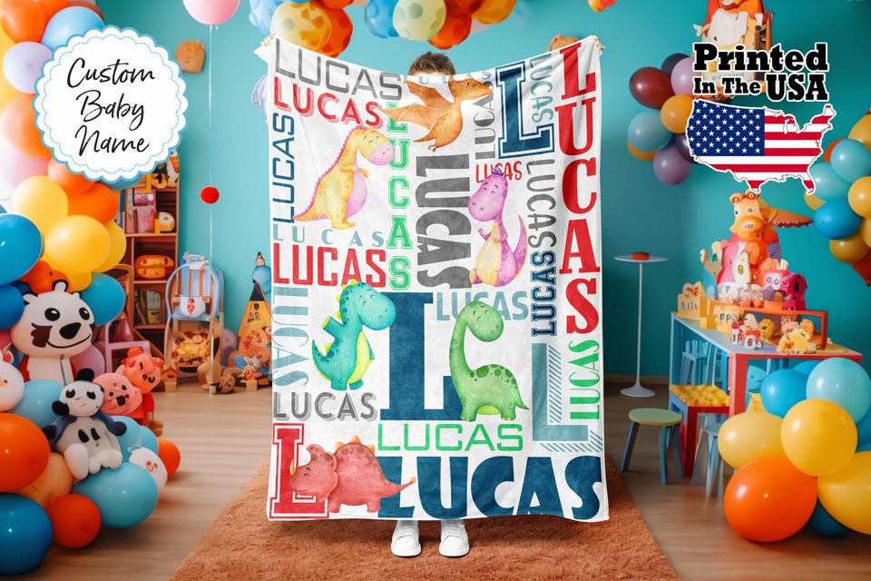 Personalized Baby Dinosaur Blanket, Fleece Blanket, Monogram & Name Custom Gift