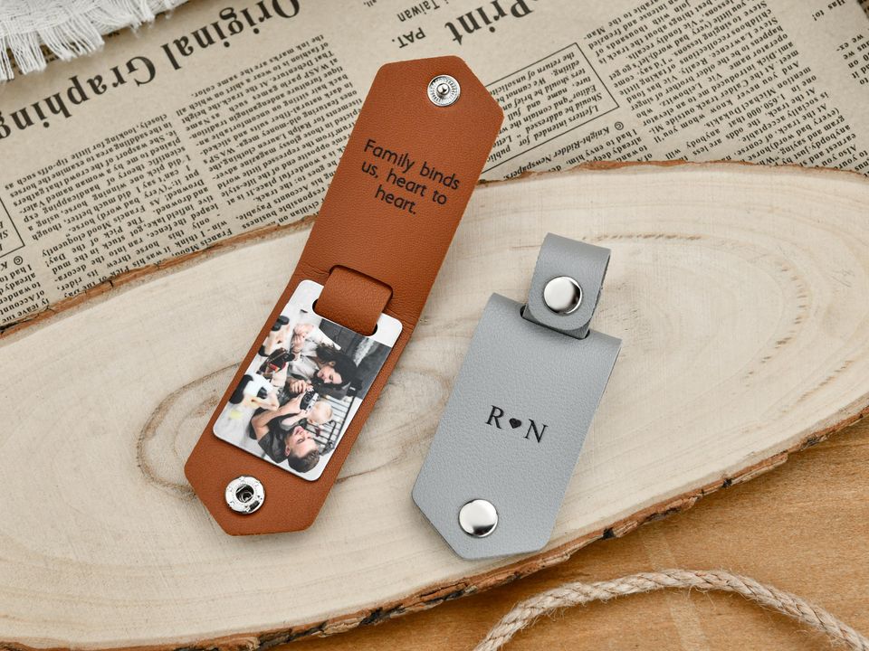 Custom Mens Leather Keychain with Photo ,Personalized Key Chain for Him