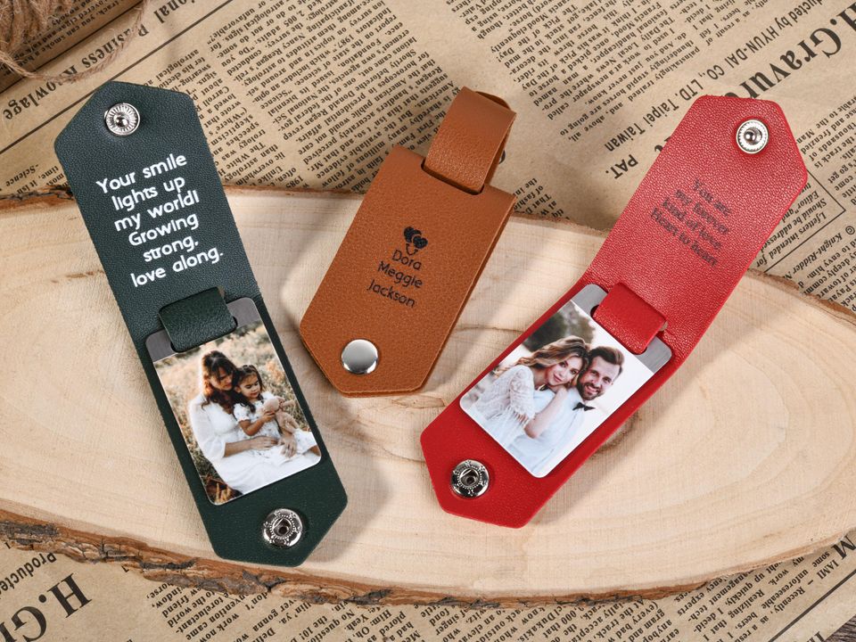 Custom Mens Leather Keychain with Photo ,Personalized Key Chain for Him