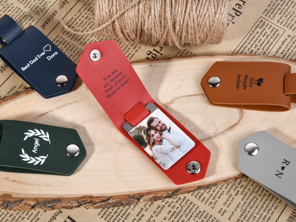 Custom Mens Leather Keychain with Photo ,Personalized Key Chain for Him