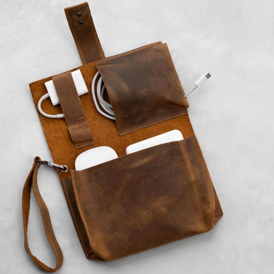 Monogrammed Genuine Leather Charger Organizer Bag, Custom Engraved Travel Electronics Holder Gift For Him