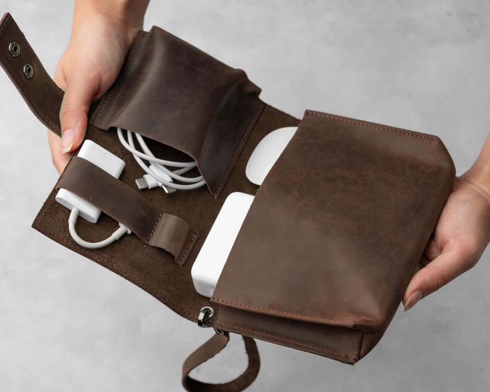 Personalized Leather Cord Case, Travel Cable Organizer, Engraved Tech Accessory Bag, Christmas Gift for Men, Corporate Gift
