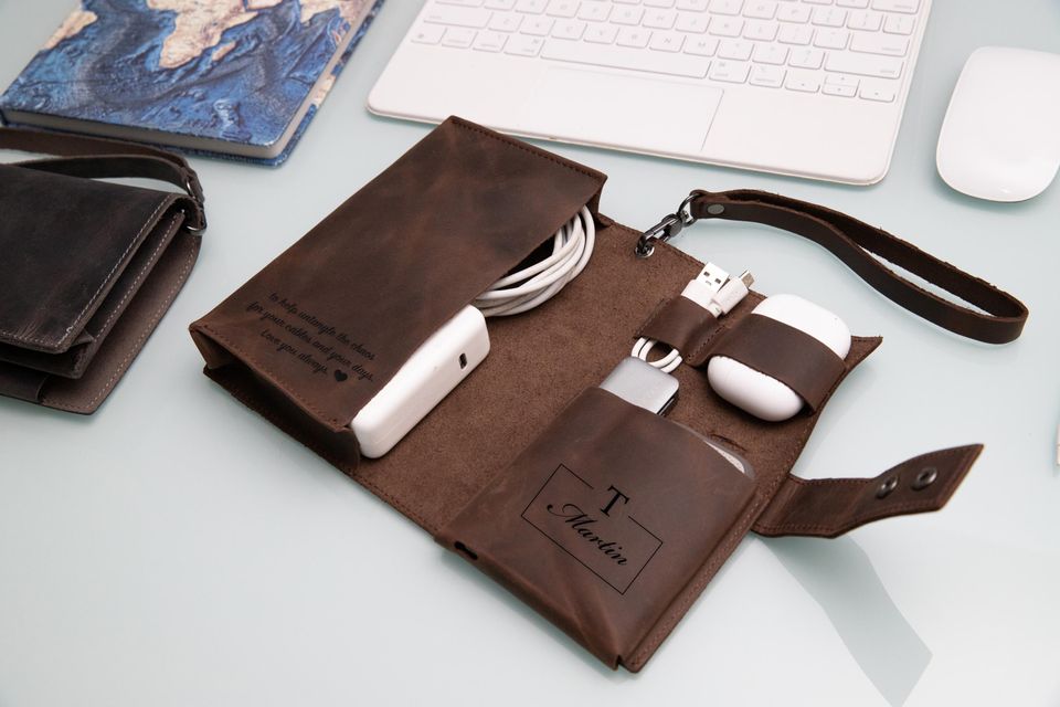Monogrammed Genuine Leather Charger Organizer Bag, Custom Engraved Travel Electronics Holder Gift For Him