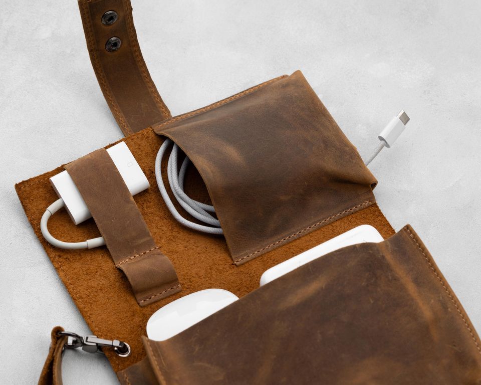 Personalized Leather Cord Case, Travel Cable Organizer, Engraved Tech Accessory Bag, Christmas Gift for Men, Corporate Gift