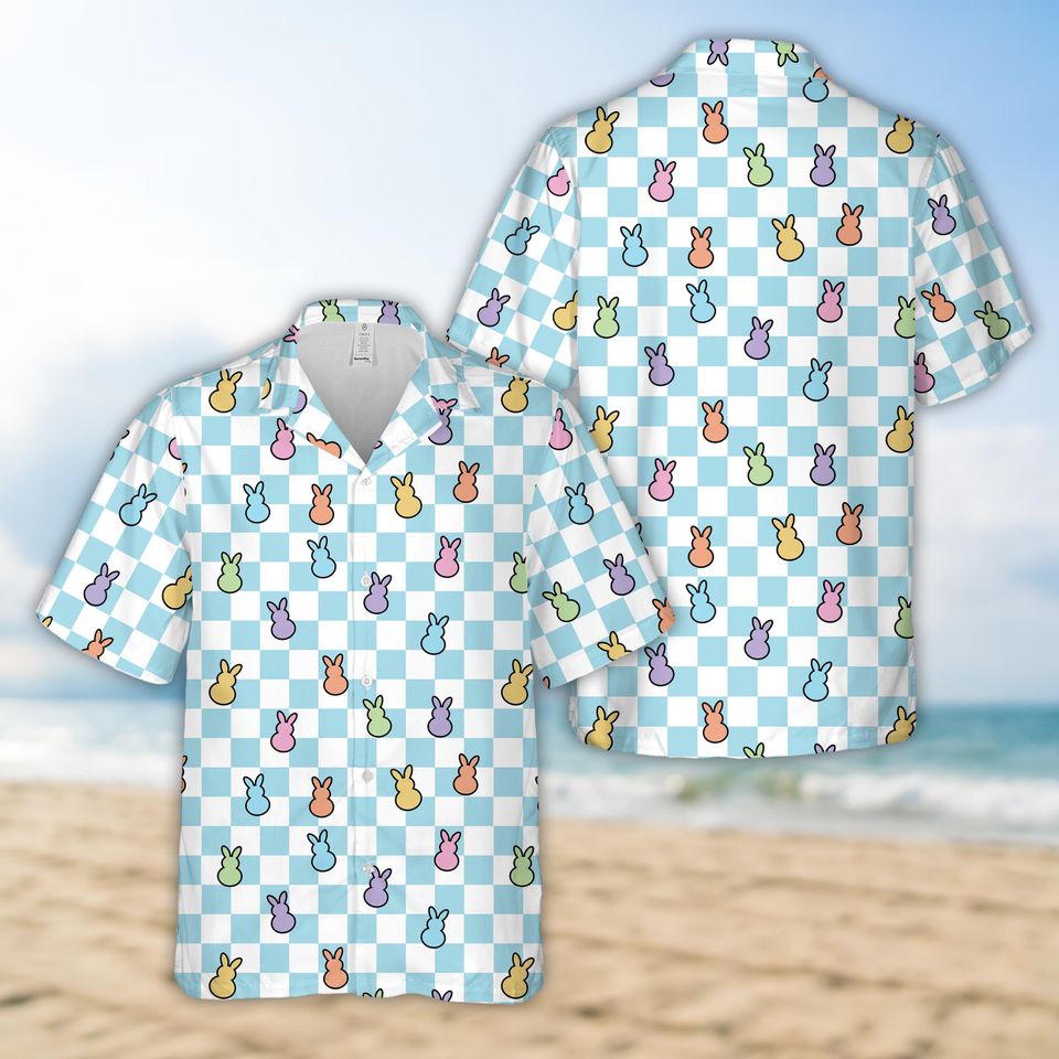 Happy Easter Bunny Checkered Hawaiian Shirt For Men Women, Rabbit Easter Button Up Shirt, Pastel Easter Shirt, Family Easter Matching Shirt
