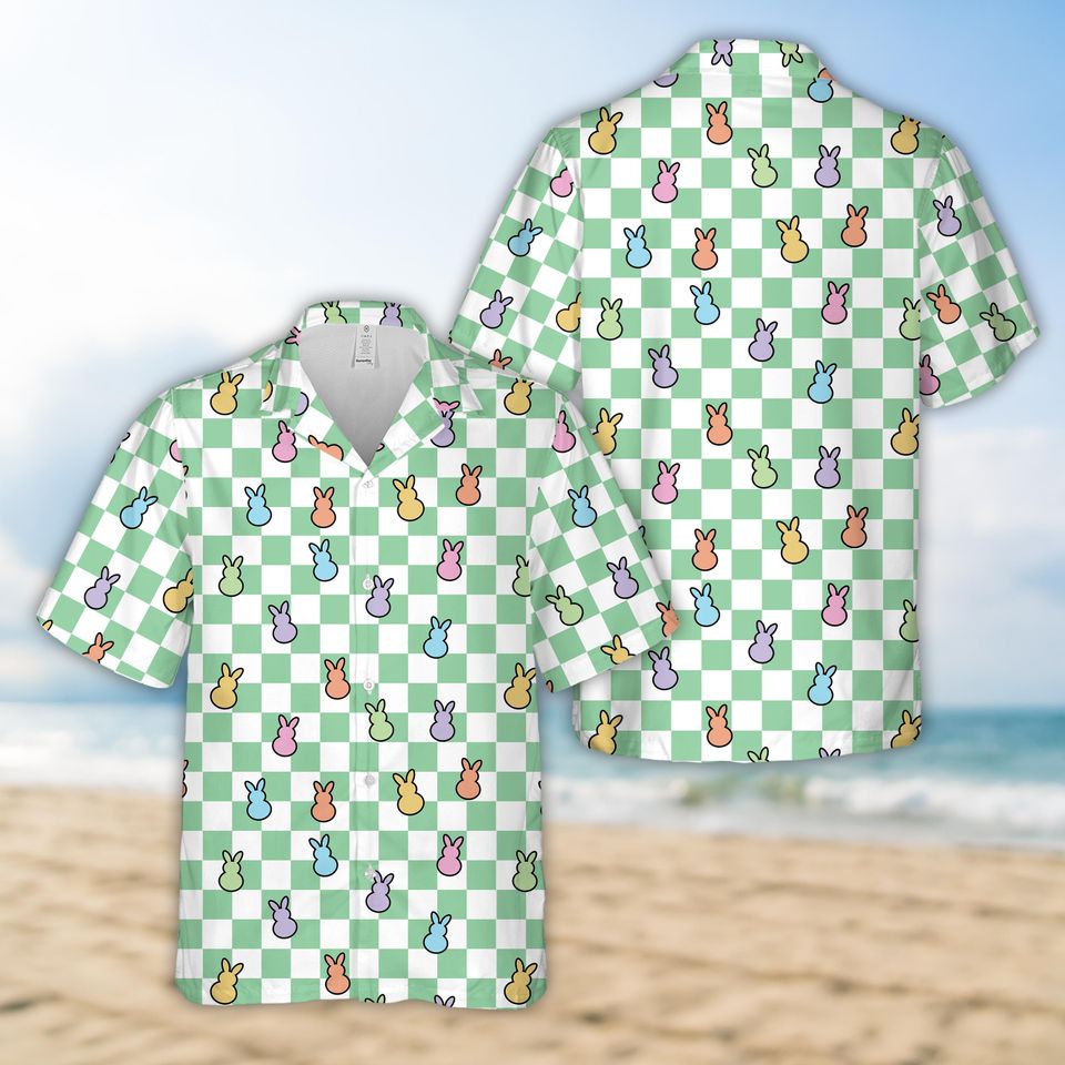 Happy Easter Bunny Checkered Hawaiian Shirt For Men Women, Rabbit Easter Button Up Shirt, Pastel Easter Shirt, Family Easter Matching Shirt