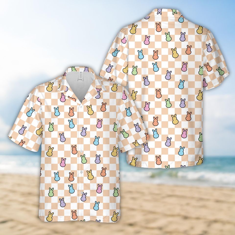 Happy Easter Bunny Checkered Hawaiian Shirt For Men Women, Rabbit Easter Button Up Shirt, Pastel Easter Shirt, Family Easter Matching Shirt