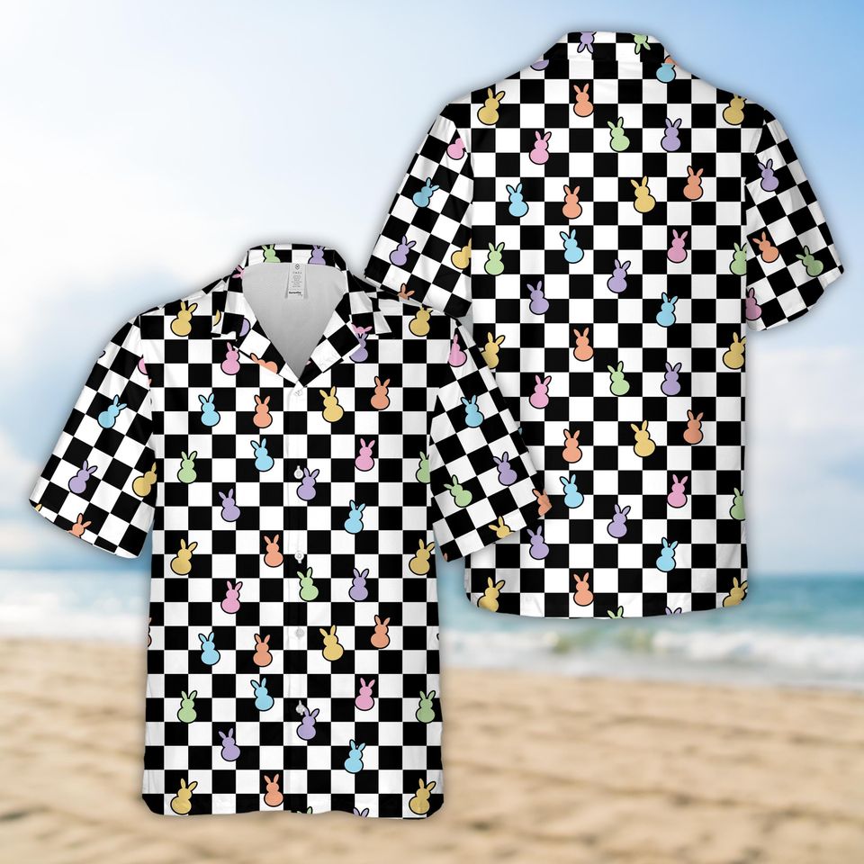 Happy Easter Bunny Checkered Hawaiian Shirt For Men Women, Rabbit Easter Button Up Shirt, Pastel Easter Shirt, Family Easter Matching Shirt