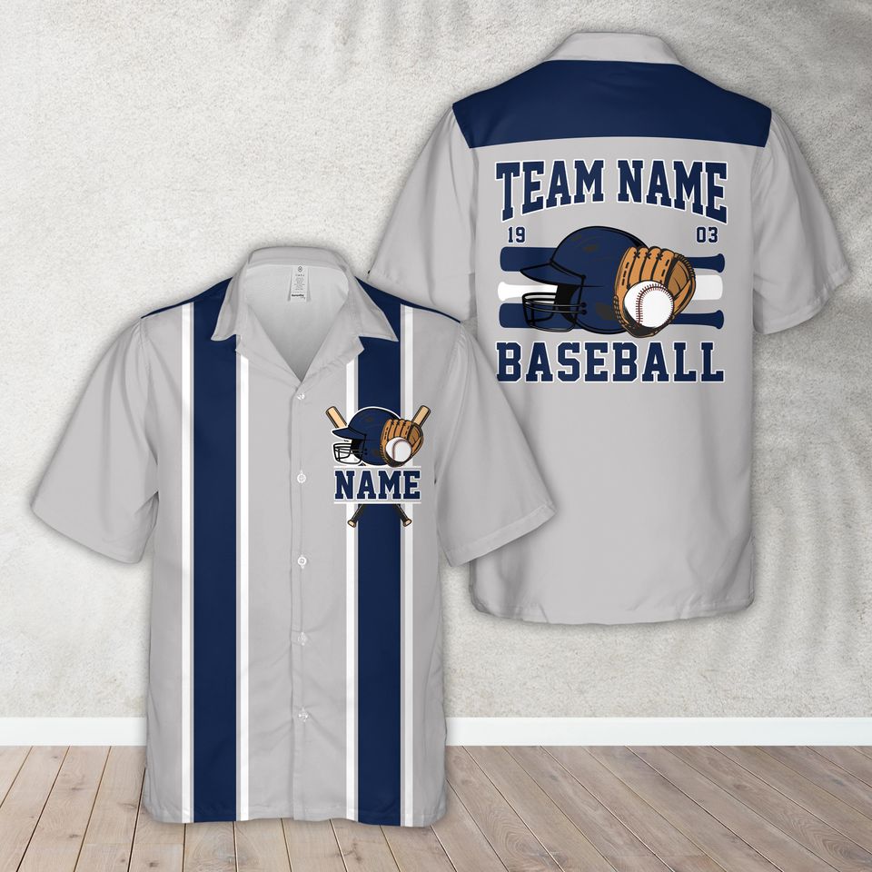Personalized Name Baseball Team Jersey Hawaiian Shirt, Custom American Baseball Team Button Up Shirt, Sports Game Day Summer Aloha Shirt