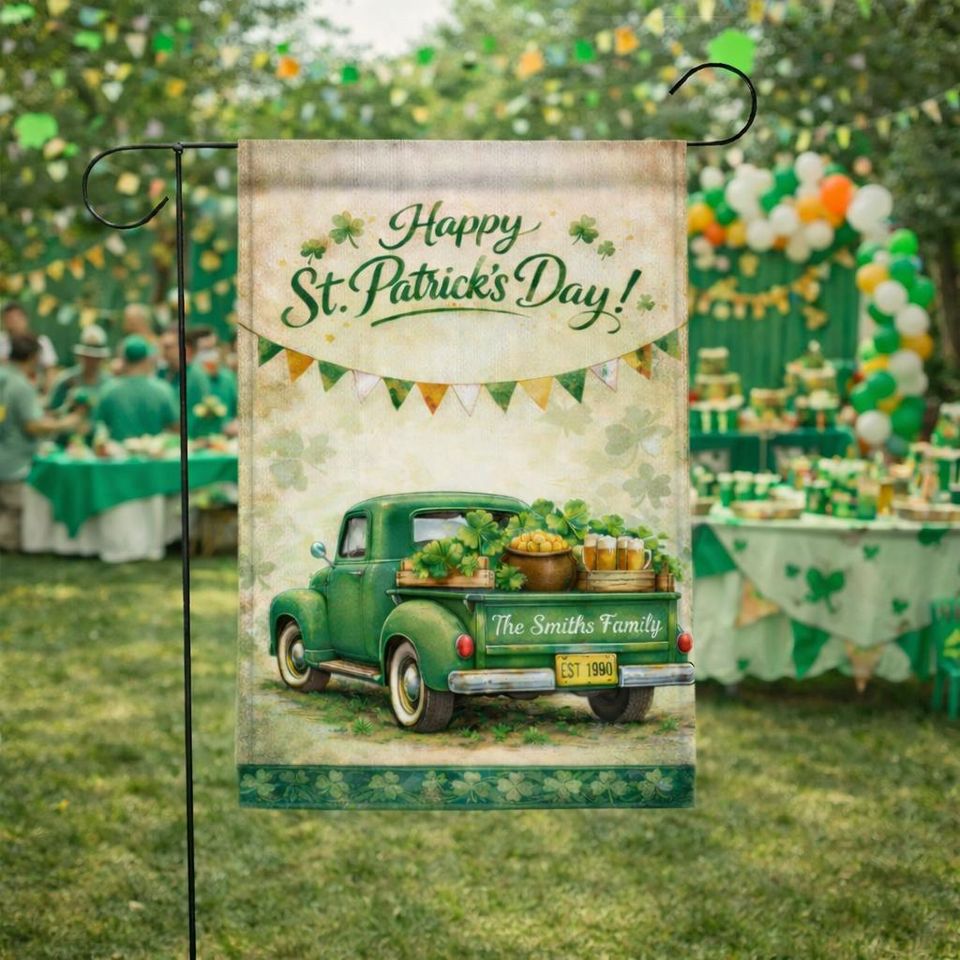 St. Patrick's Day Garden Flag Vintage Truck Shamrock Design Personalized Outdoor Yard Decor