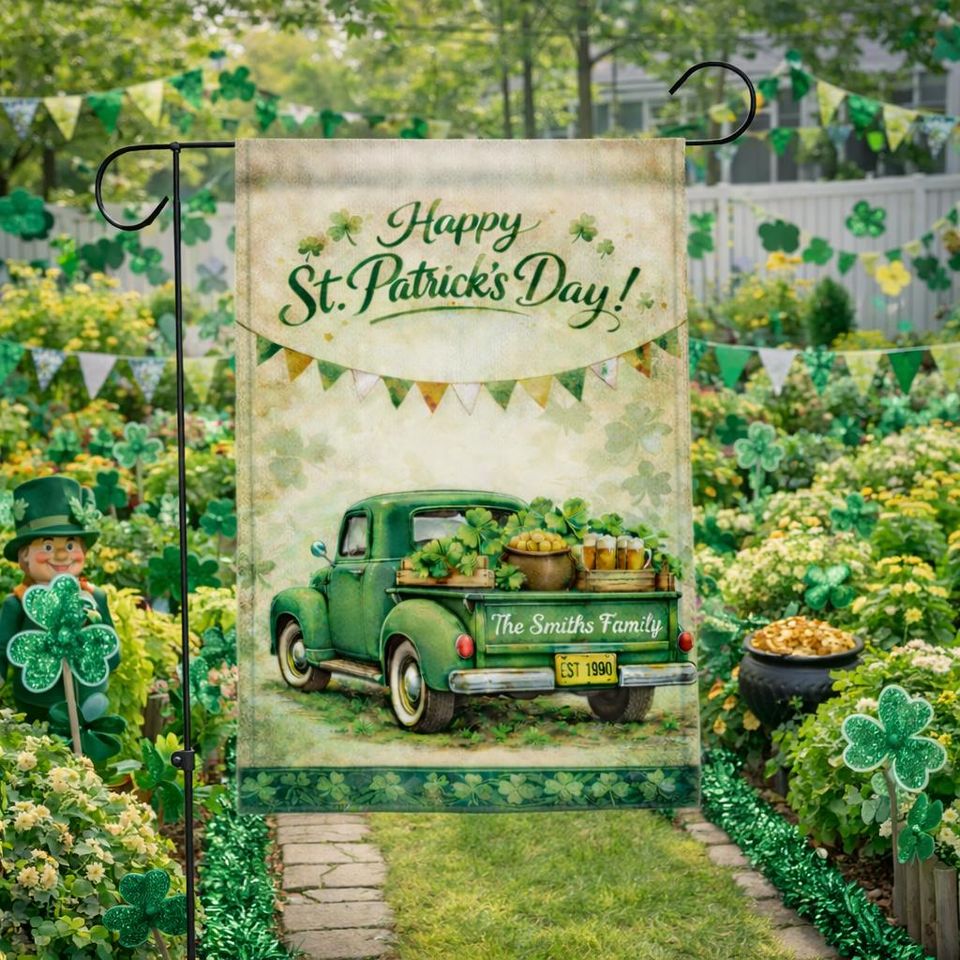 St. Patrick's Day Garden Flag Vintage Truck Shamrock Design Personalized Outdoor Yard Decor