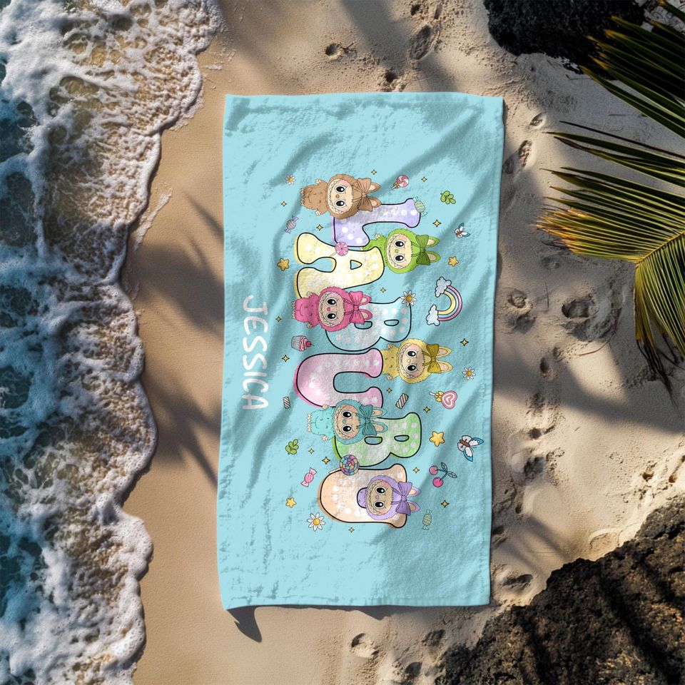 Custom Labubu Theme Beach Towel with Name, Personalized Groovy Labubu Beach Towel, Pool Party Towel, Birthday Gift for Her