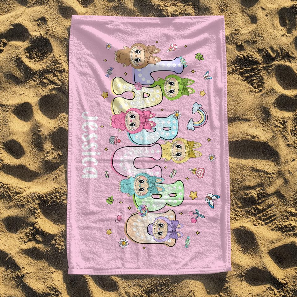 Custom Labubu Theme Beach Towel with Name, Personalized Groovy Labubu Beach Towel, Pool Party Towel, Birthday Gift for Her