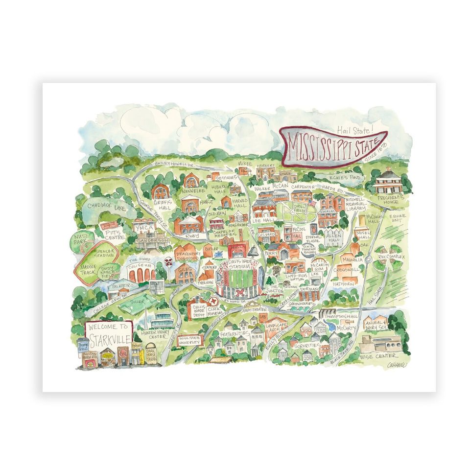 Mississippi State Campus Map Watercolor Art Poster Football