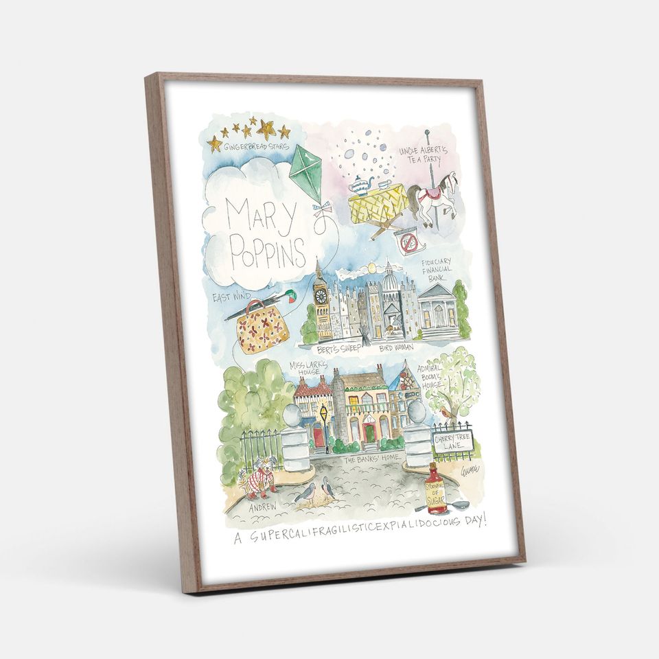 Mary Poppins Watercolor Map Art Poster