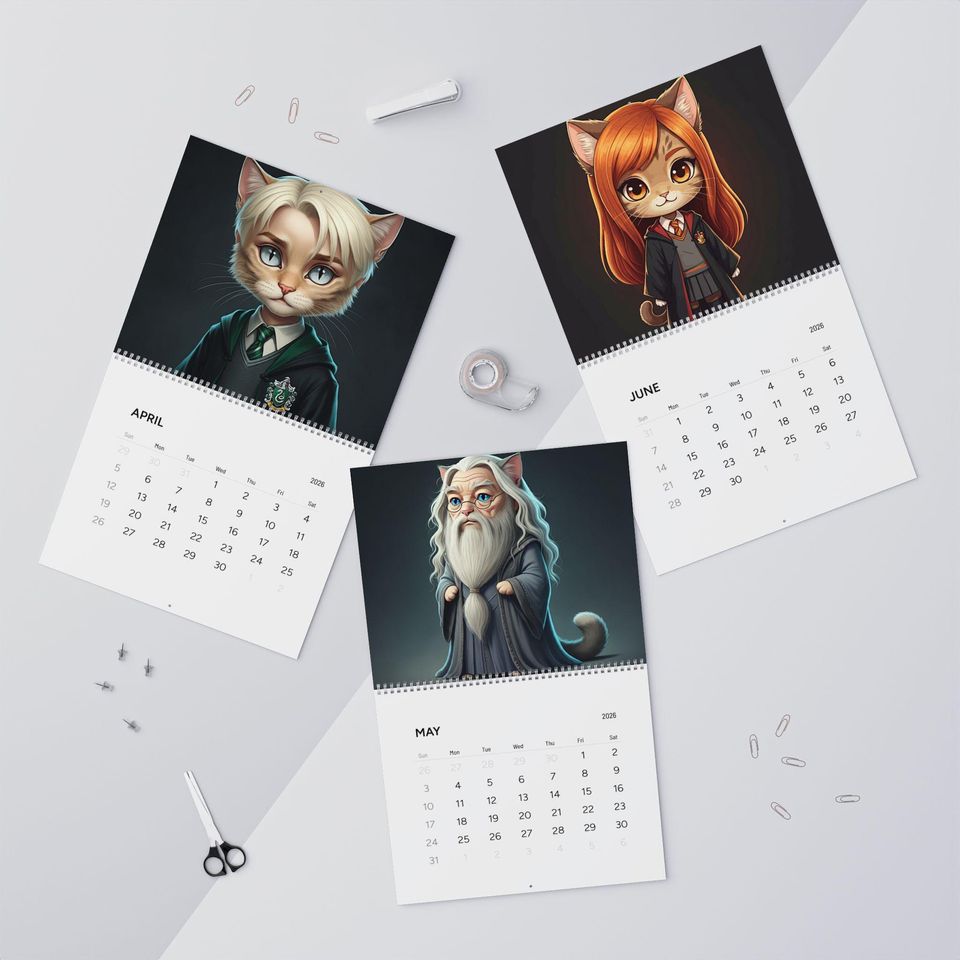 Harry Potter Inspired Cat Illustrations 2026 Wall Calendar, Modern Design Planner, Perfect for Fans, Gift for Organizers, Everyday Use