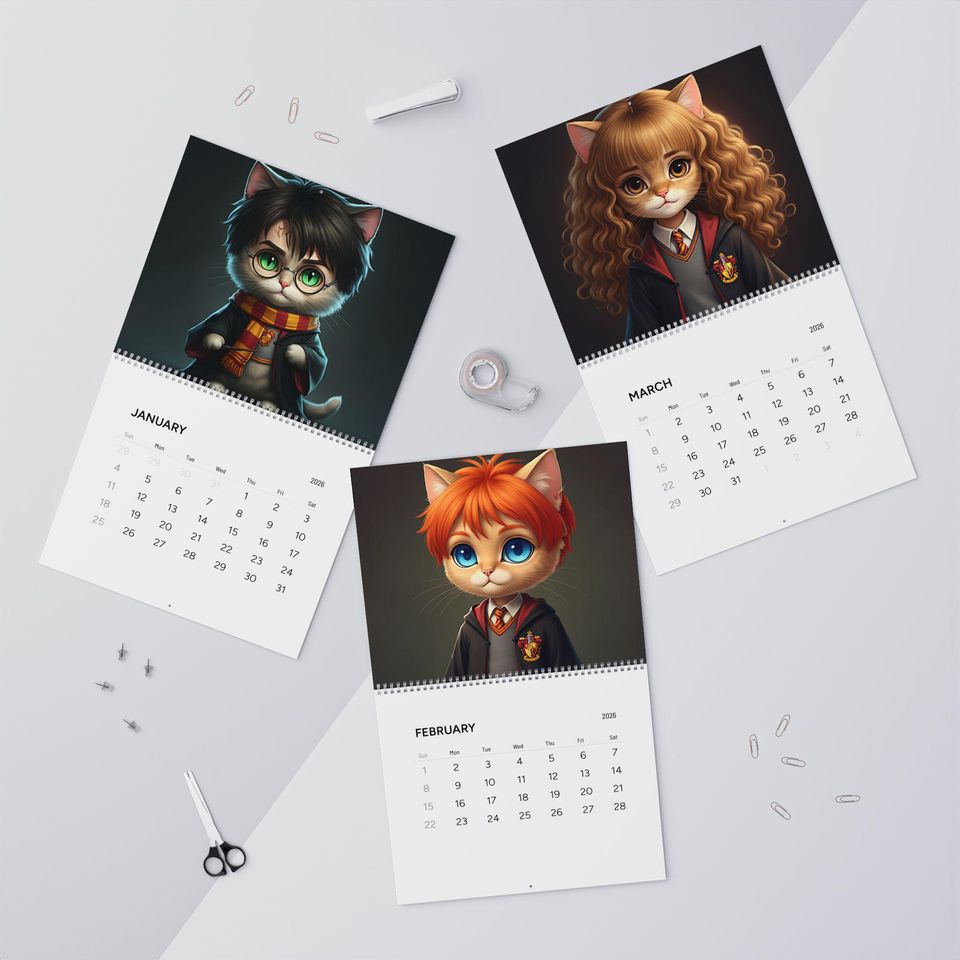 Harry Potter Inspired Cat Illustrations 2026 Wall Calendar, Modern Design Planner, Perfect for Fans, Gift for Organizers, Everyday Use