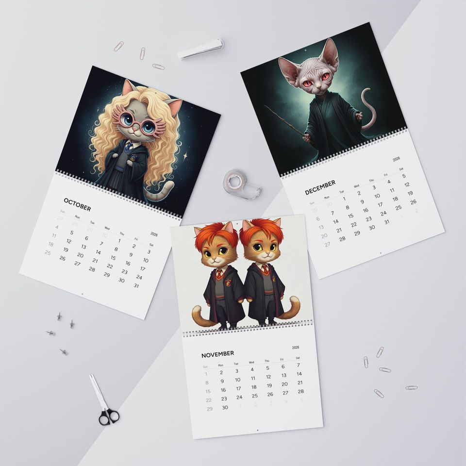 Harry Potter Inspired Cat Illustrations 2026 Wall Calendar, Modern Design Planner, Perfect for Fans, Gift for Organizers, Everyday Use
