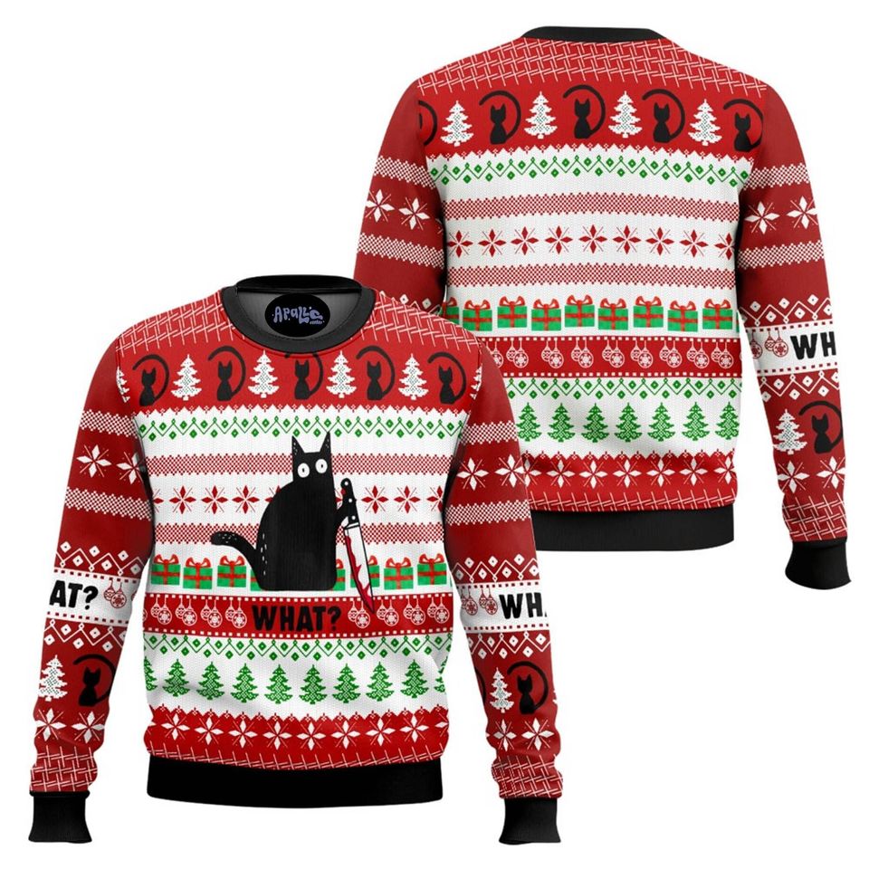 Black Cat Ugly Christmas Sweater, Funny Cat Lover Pet Meme Pullover Christmas Sweatshirt