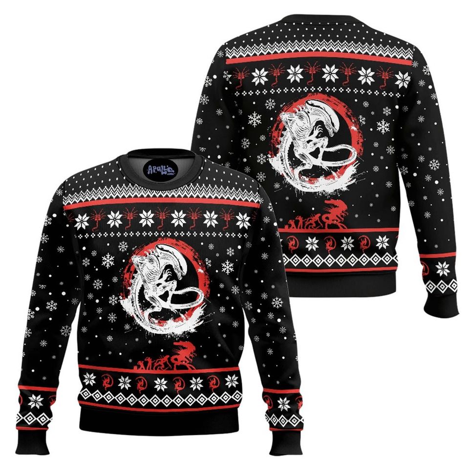 Xenomorph Alien Ugly Christmas Sweater, Funny Sci Fi Horror Pullover Sweatshirt