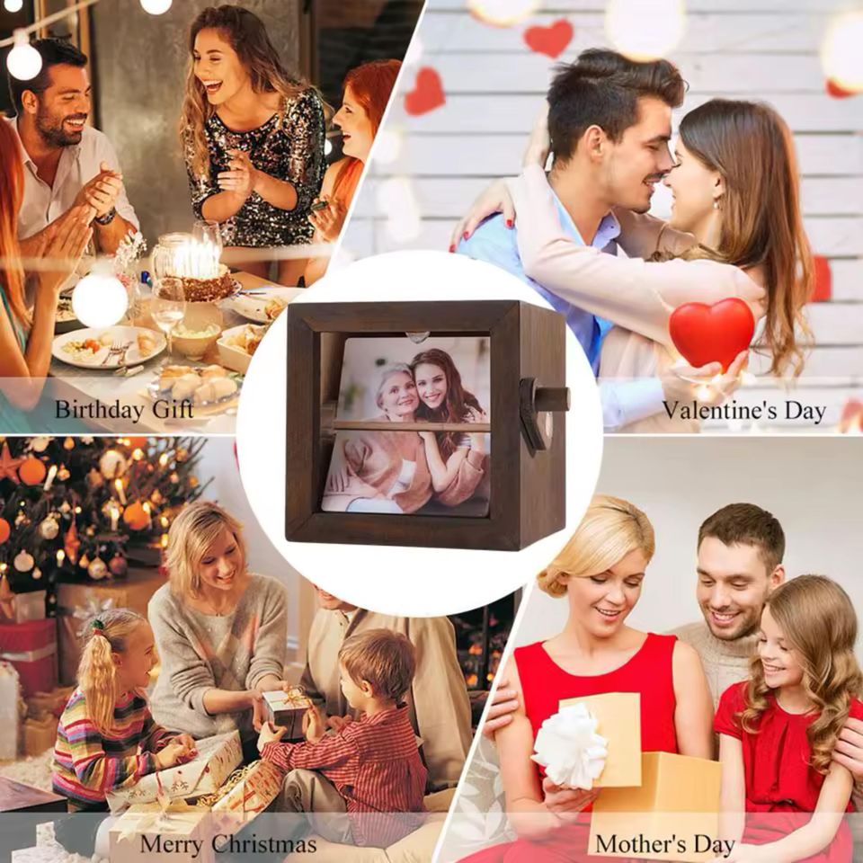 Personalized 8 Photos Flipbook Album with Light  Custom Walnut or Beach Wood Hand Cranked Photo Box